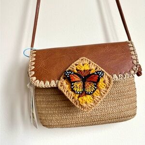 Brown and Tan Woven Shoulder Bag with Butterfly Accent